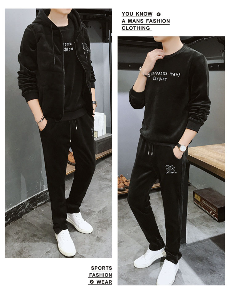 Vàng nhung ba mảnh phù hợp với áo len nam áo khoác dày thêu A21P hoa cửa hàng chính thức của nam giới - Áo len áo hoodie màu xanh dương