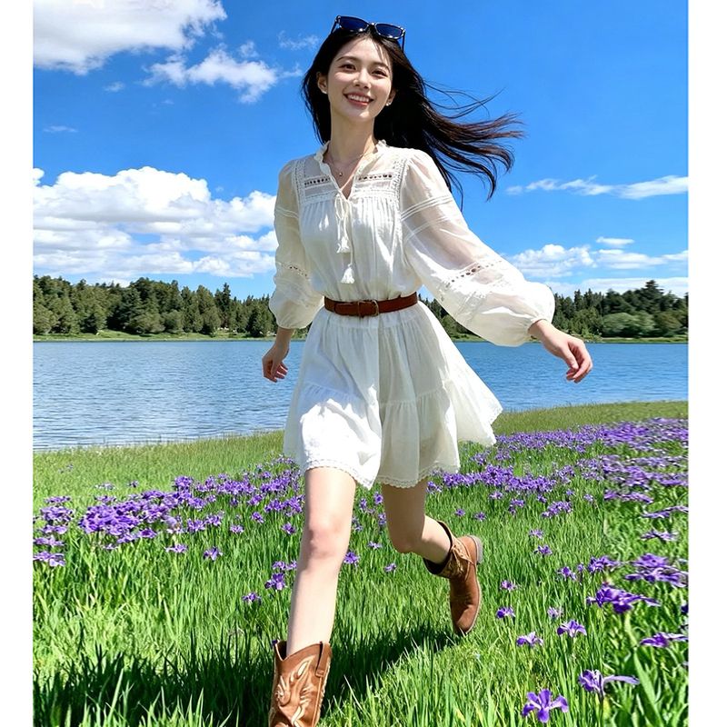 Travel and Vacation Style White Hollow-Out Lace Shirt Dress for Women, Summer V-Neck with Belt, Waist-Cinching Short Dress for Petite Figures Travel and Vacation Style White Hollow-Out Lace Shirt Dress for Women, Summer V-Neck with Belt, Waist-Cinching Short Dress for Petite Figures