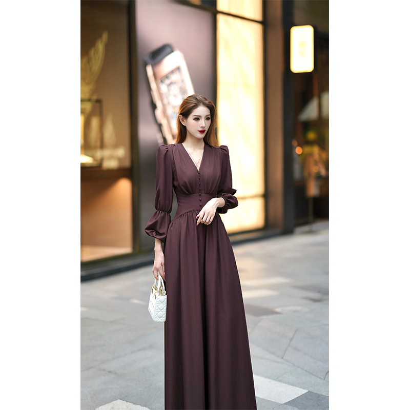 Ukefeier Light Luxury High-End Brocade Cotton Twill Satin V-Neck Puff Sleeve Button-Decorated Large Hem Formal Dress Ukefeier Light Luxury High-End Brocade Cotton Twill Satin V-Neck Puff Sleeve Button-Decorated Large Hem Formal Dress