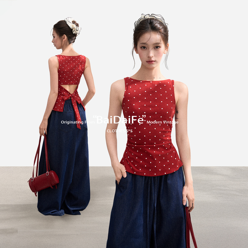 Red Polka Dot Sleeveless Camisole for Women, Summer Outerwear, Inner Layer, Conceals Side Breasts, Racerback Design, Stylish Top