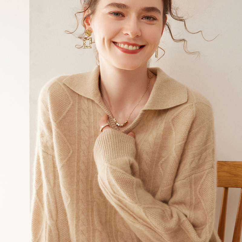 Three-Strand Thick Twisted Cashmere Sweater for Women, Polo Collar, Small V-Neck, Heavy Craftsmanship, Loose and Lazy Style, Knitted Base Layer