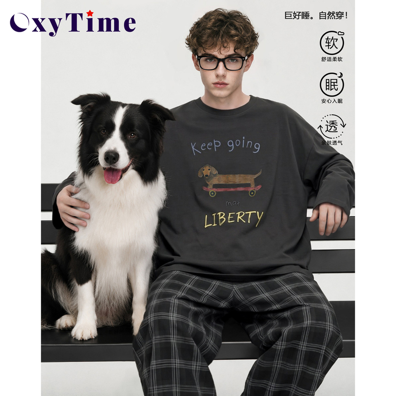 Oxytime Autumn Pure Cotton Men's Pajamas Long Sleeve Round Neck Pullover Dachshund Cotton Ammonia Homewear Set