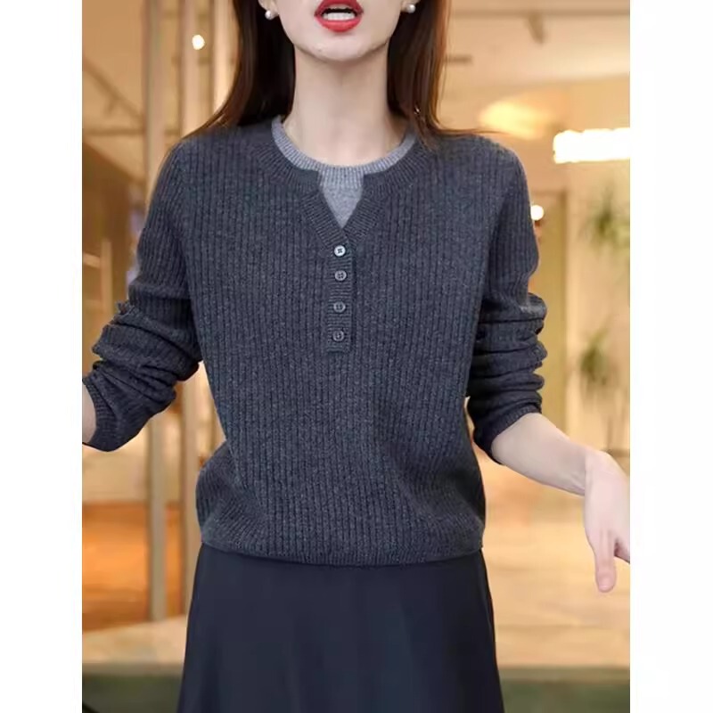 New Autumn and Winter Round-Neck Fake Two-Piece Knitwear for Women, Slim Fit, Short Base Shirt, Sweater, Warm and Thickened Top