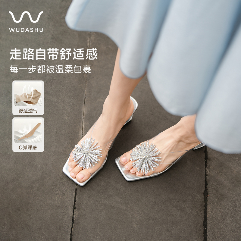 Uncle Wu's French-Style High-End Crystal Sandals, Stunning Rhinestone Chunky Heel High Heels, Women's Summer Elegant Sandals, Transparent Slippers