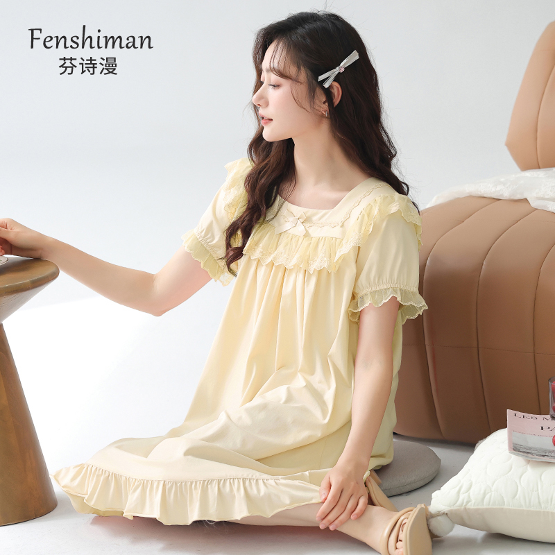 Nightgown for Women, Summer Pure Cotton Short-Sleeved Nightgown, Thin Style 2026 New Summer Princess Style Maternity Lace Dress