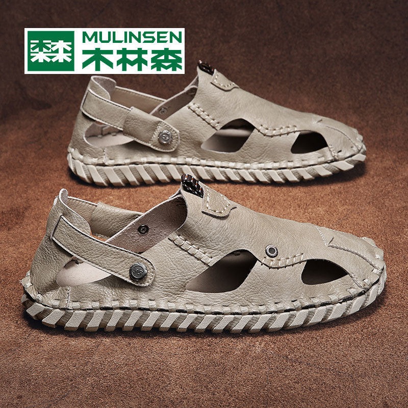 Wood linson Roman leather sandals men's genuine leather outside wearing sloth-footed beach shoes Summer men's casual dongle shoes