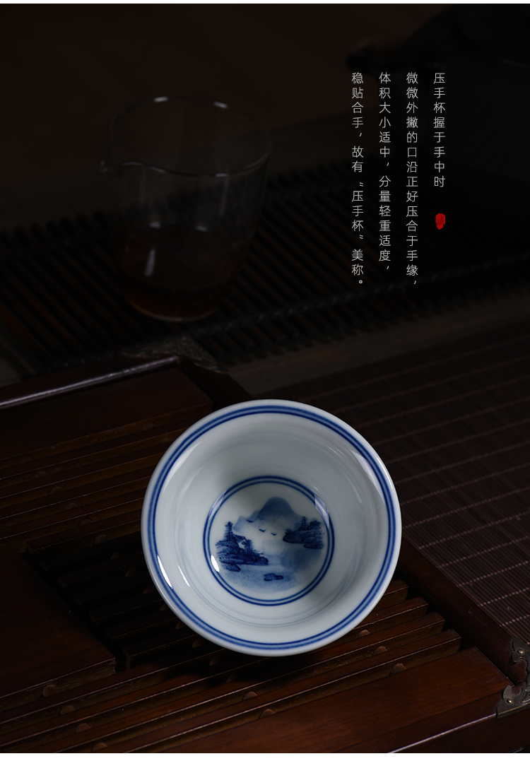 Jingdezhen porcelain craft kung fu teacups hand - made of blue and white landscape pressure hand cup single CPU master cup ceramics