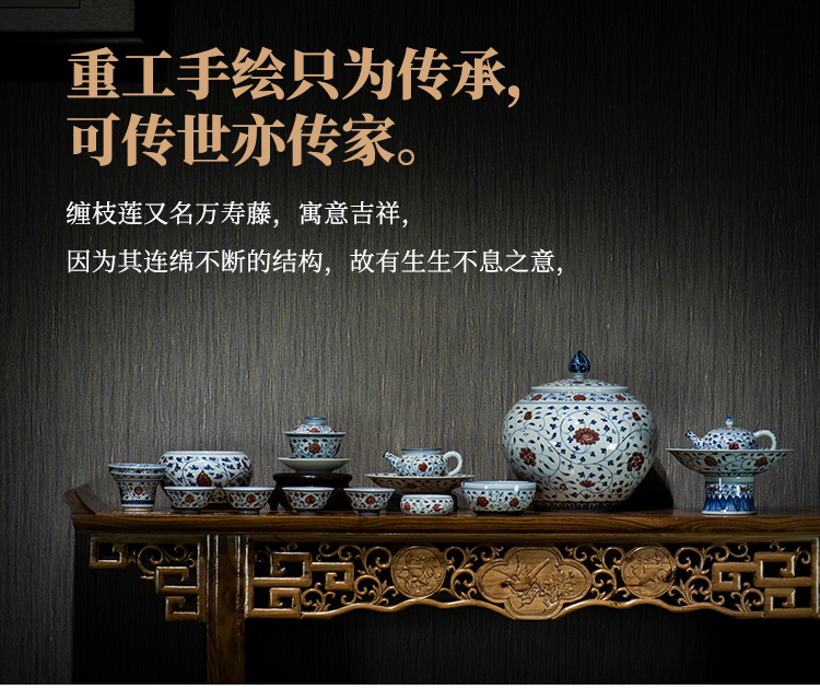 Jingdezhen blue and white youligong tureen bound branch lotus large three hand - made teacup only pure manual kung fu tea set collection