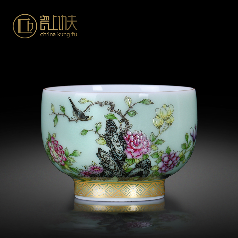 Jingdezhen kung fu tea cups peony flower sample tea cup colored enamel hand - made master cup single CPU individual customization