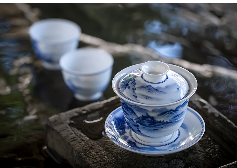 Jingdezhen pure manual only three blue and white landscape kung fu tea tureen teacups hand - made large bowl tea cup