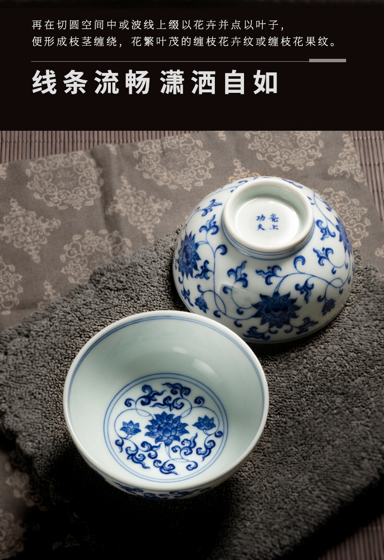 Jingdezhen blue and white kung fu tea pure manual ceramic cups hand - made master cup single pressure hand cup sample tea cup gift