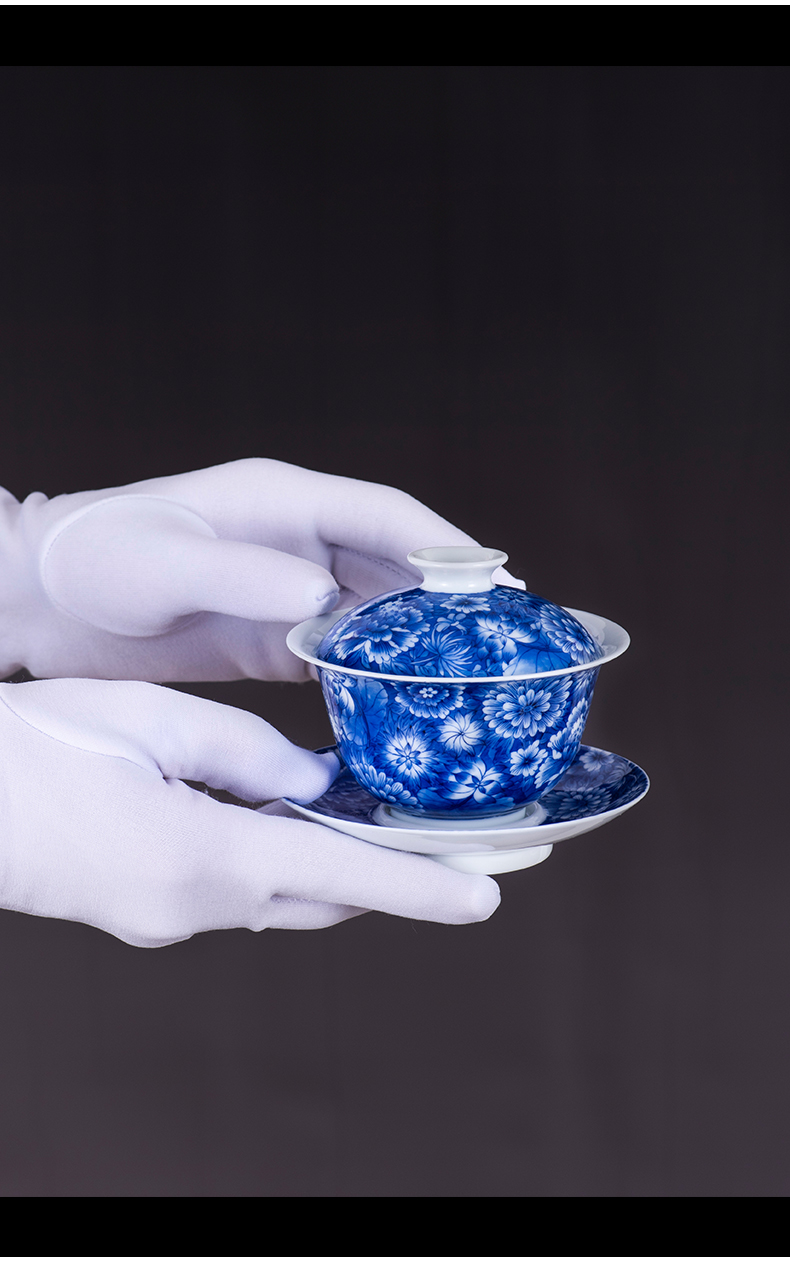 Jingdezhen blue and white flower is only manual hand - made all three tureen tea cups kung fu tea set large bowl tea cup