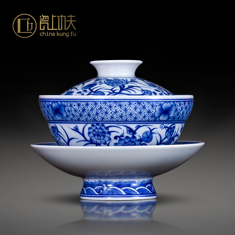 Jingdezhen blue and white porcelain kung fu tea sets hand - made tureen single hand large ceramic cups tea bowl three bowls