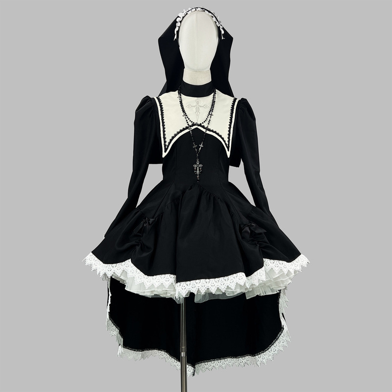 Lolita Original Design Gothic Dark Style Sweet Cool Embroidered Cross Halloween Nun Costume