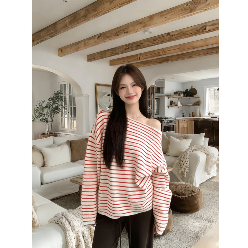 Lazy Style Red and White Striped Off-Shoulder Long-Sleeved Sweater for Women, Spring and Autumn Loose Slimming Off-Shoulder Knitted Top