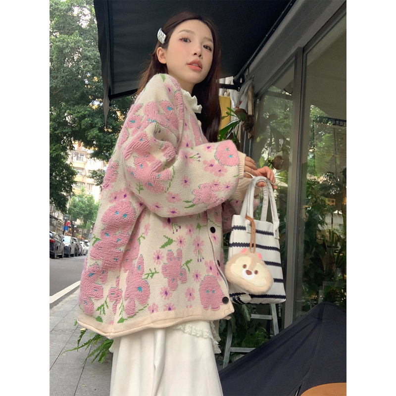 Flocked Floral Pink Sweater Cardigan for Women, Autumn and Winter, Petite, Loose, Lazy Style, Design-Focused, Soft and Cozy Knit Jacket