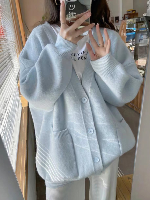 Blue Milk-Toned Autumn and Winter Sweater Cardigan for Women 2025 New Style Lazy Style Loose V-Neck Gentle Knitted Jacket Top
