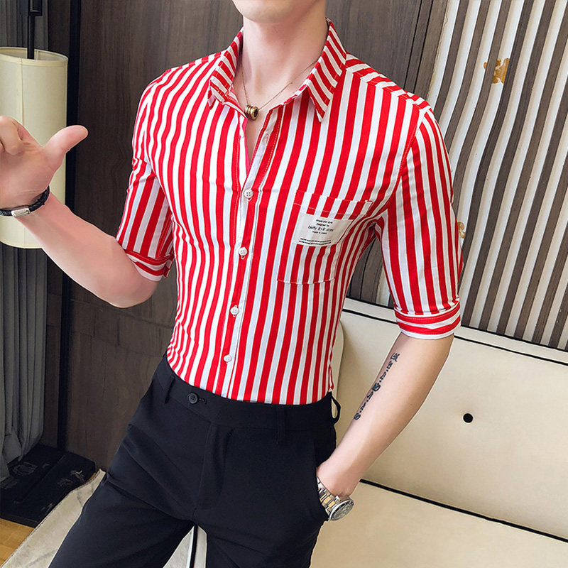 Men's striped short sleeve shirt Korean version trendy body 5 70% sleeve shirt youth thin middle sleeve inch shirt male dress