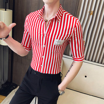 Mens striped short sleeve shirt Korean version trendy body 5 70% sleeve shirt youth thin middle sleeve inch shirt male dress