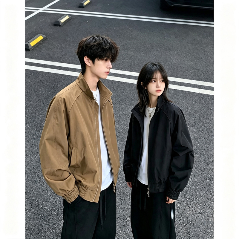 American-Style Stand-Collar Flight Jacket for Men, Autumn Cleanfit Workwear Coat, High-End Brown Short Baseball Jacket