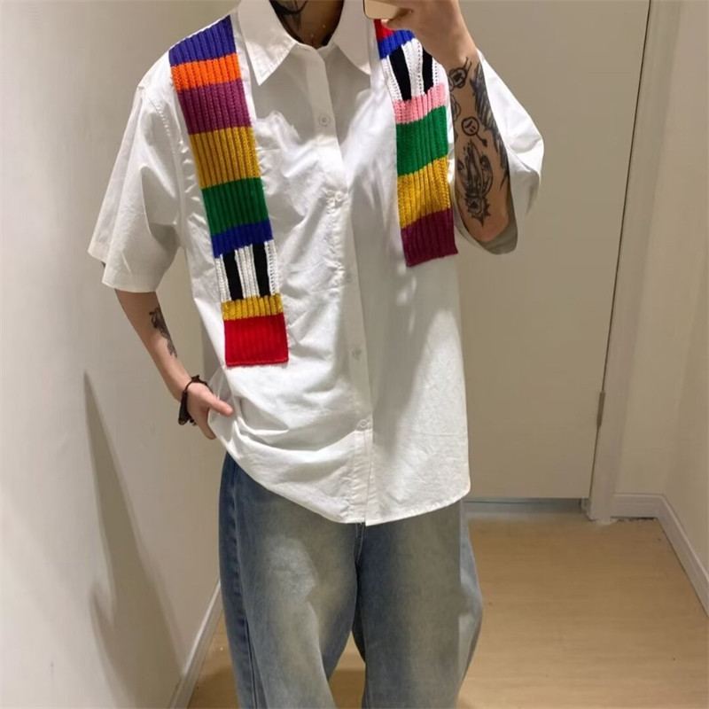 Dopamine Rainbow Knitted Patchwork Short-Sleeved Shirt for Men, Summer Thin Style, Niche Design, Ice Silk Sun Protection Shirt