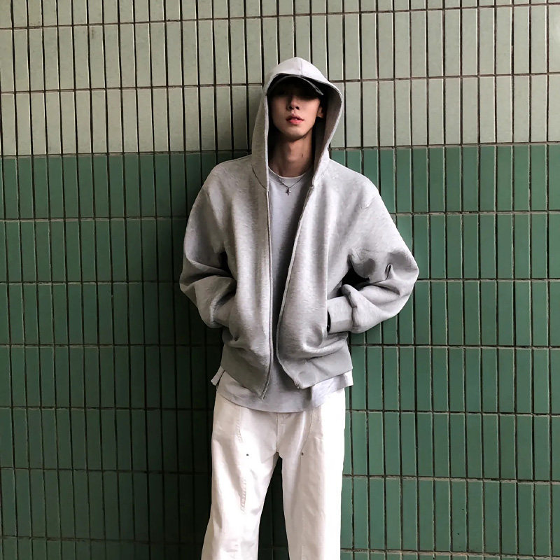 Gray American Retro Heavyweight Hooded Sweatshirt Cardigan for Men, Spring and Autumn Style, Trendy Brand, High-End, Cool Short Jacket Gray American Retro Heavyweight Hooded Sweatshirt Cardigan for Men, Spring and Autumn Style, Trendy Brand, High-End, Cool Short Jacket