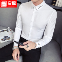 Autumn shirt mens long sleeve Korean trend Joker handsome net embroidery shirt slim casual Joker inch shirt