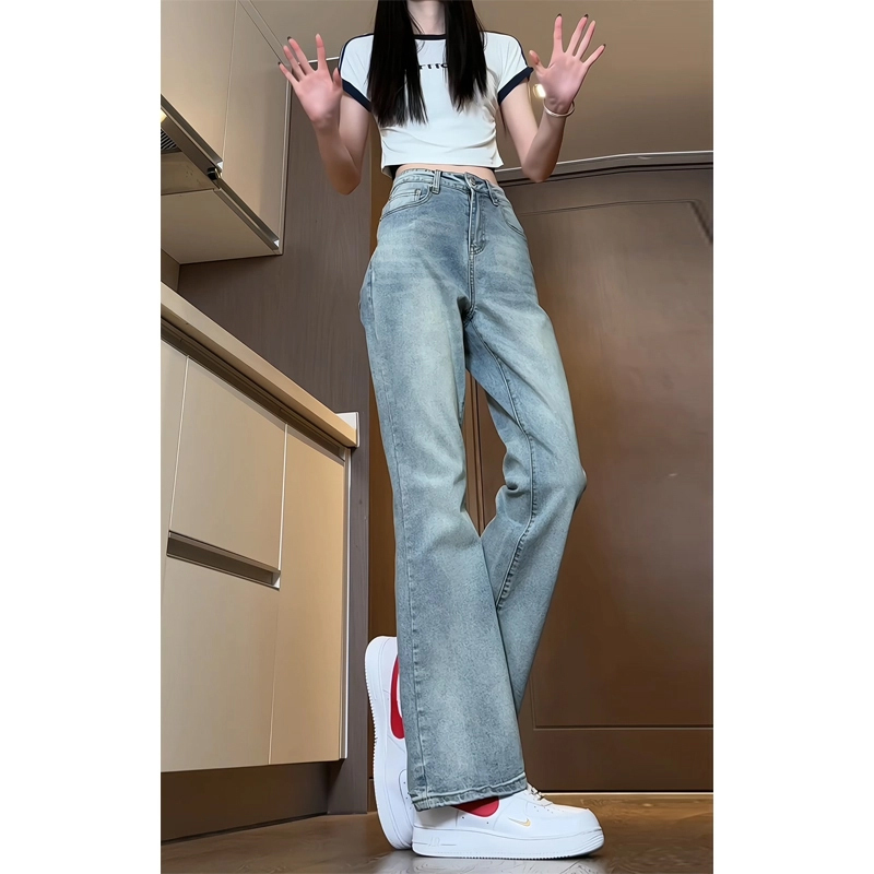 Light-Colored Curved Hem Jeans for Men, American High Street Style, Extended Length for Tall Individuals, Washed Vibe Straight-Leg Flared Pants