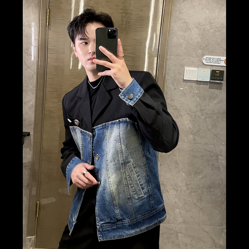 Denim Patchwork Suit for Men, High-End Spring and Autumn Korean Style Casual Suit, Niche Design, 2024 New Trendy Style