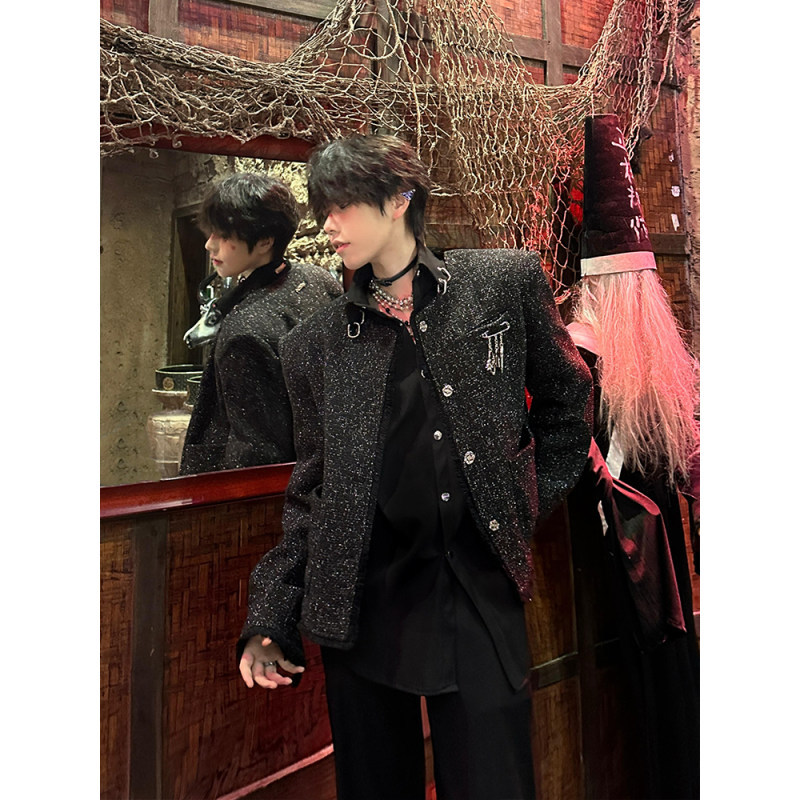 Black Shoulder-Padded Chanel-Style Jacket for Men, Spring High-End Style, Cool and Handsome Male Model Outfit, Cleanfit Short Jacket Black Shoulder-Padded Chanel-Style Jacket for Men, Spring High-End Style, Cool and Handsome Male Model Outfit, Cleanfit Short Jacket