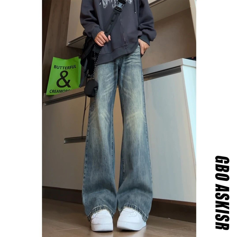 American Retro Blue Scimitar Jeans for Men, Autumn Loose Flared Pants, High Street Cleanfit High-Waisted Straight Pants