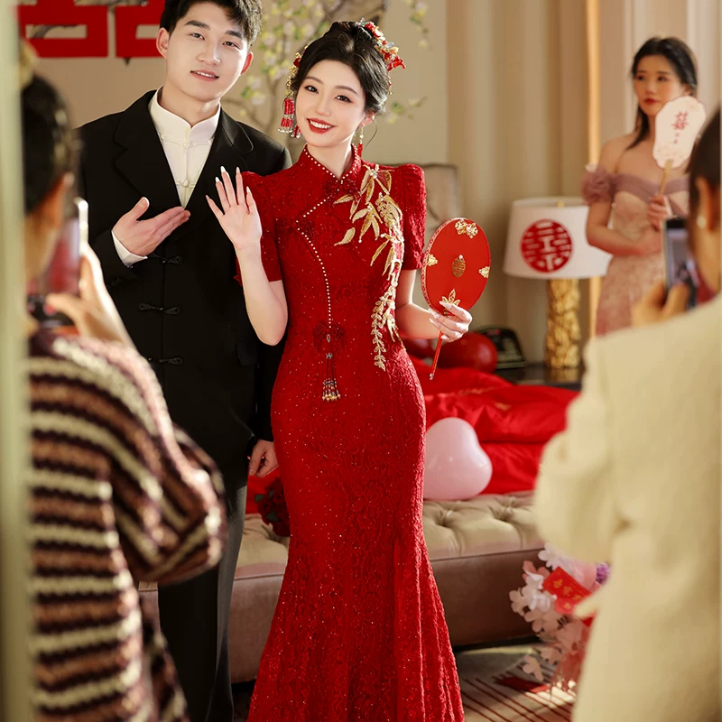 Чэнсоong Cheongsam, вечернее платье, свадебное платье, красная юбка, китайский стиль, с вышивкой