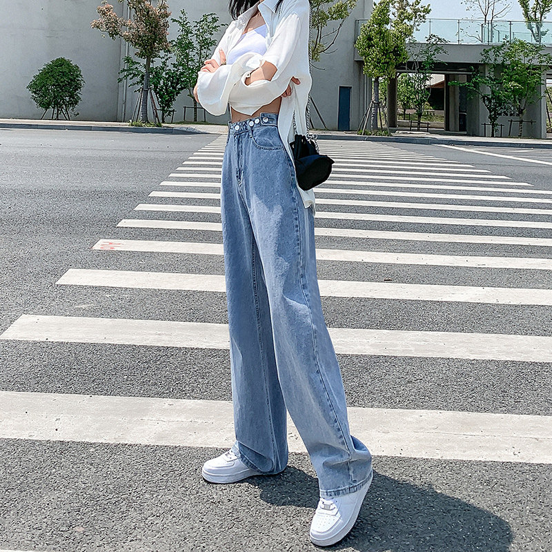 High Waist Jeans Woman Breaking Hole 2021 New Summer Slim Fit Straight Barrel Loose Autumn Clothes Small Tug Broadlegged Pants