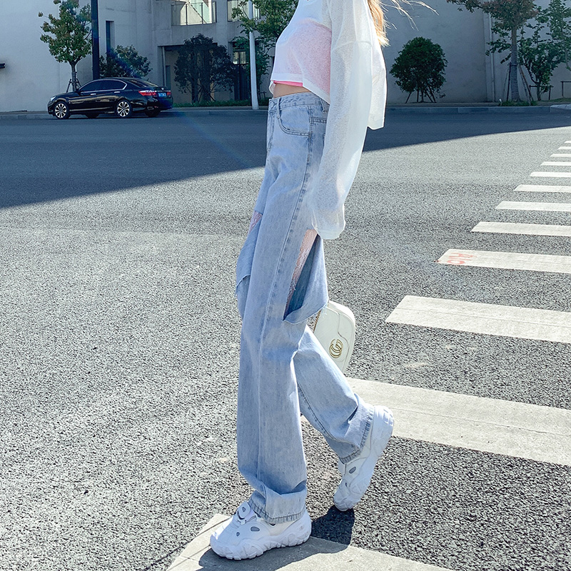 Breaking Hole Broadlegged Jeans Woman Light Color Summer High Waist Pituality Straight Barrel Loose Spring Autumn 2021 New Tug Pants