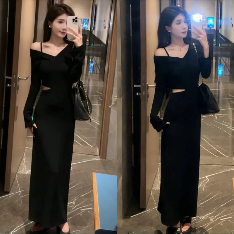 Black Waist-Cinching Off-Shoulder Long-Sleeve Dress for Women, Autumn 2024 New Design, Slim-Fitting, Waist-Revealing, Elegant Long Dress