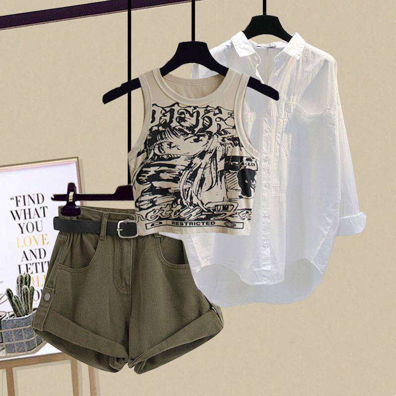 白色薄款长袖防晒衬衫女2026新款别致时尚吊带背心搭显瘦牛仔短裤