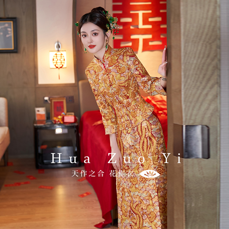 Floral Embroidered Golden Dragon and Phoenix Gown, Xiuhe Suit, 2026 New Style, Petite Bride's Chinese Wedding Dress, Phoenix Crown and Veil, Spring