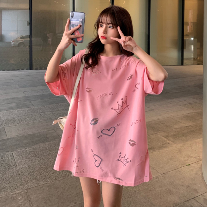 Large size small frescoed short sleeve T-shirt woman medium long version loose personality hollowed ins overfire half sleeve blouses summer tide