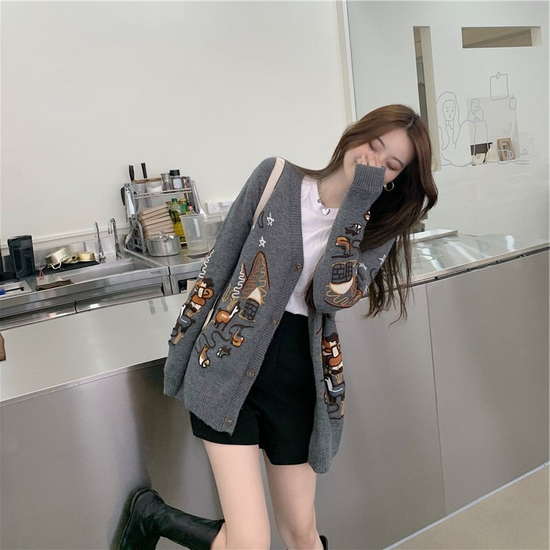 2022 New sweater cardiovert women's autumn winter thickening medium long version V collar knit jacket Lazy Wind outside wearing