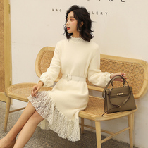 Feminine Dress 2021 Explosive Autumn Winter Knitted Semi-Turtleneck Lace Splice Blanth Long Sweater Knee