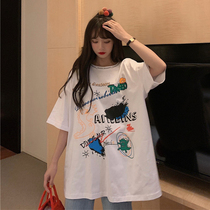 Large size short sleeve T-shirt female loose Korean version 2021 summer new Harajuku wind graffiti cotton body shirt top ins tide