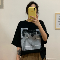 Large size 2021 summer dress long Net red loose Joker T-shirt womens short sleeve ins Korean version of cotton print body shirt tide