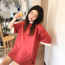 Large size short sleeve T-shirt female loose Korean version 2021 summer fake two pieces of pure cotton student body shirt long top tide tide