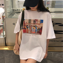 Large size short sleeve T-shirt female 2021 summer loose Korean version of net red port wind half sleeve long body shirt shirt ins tide