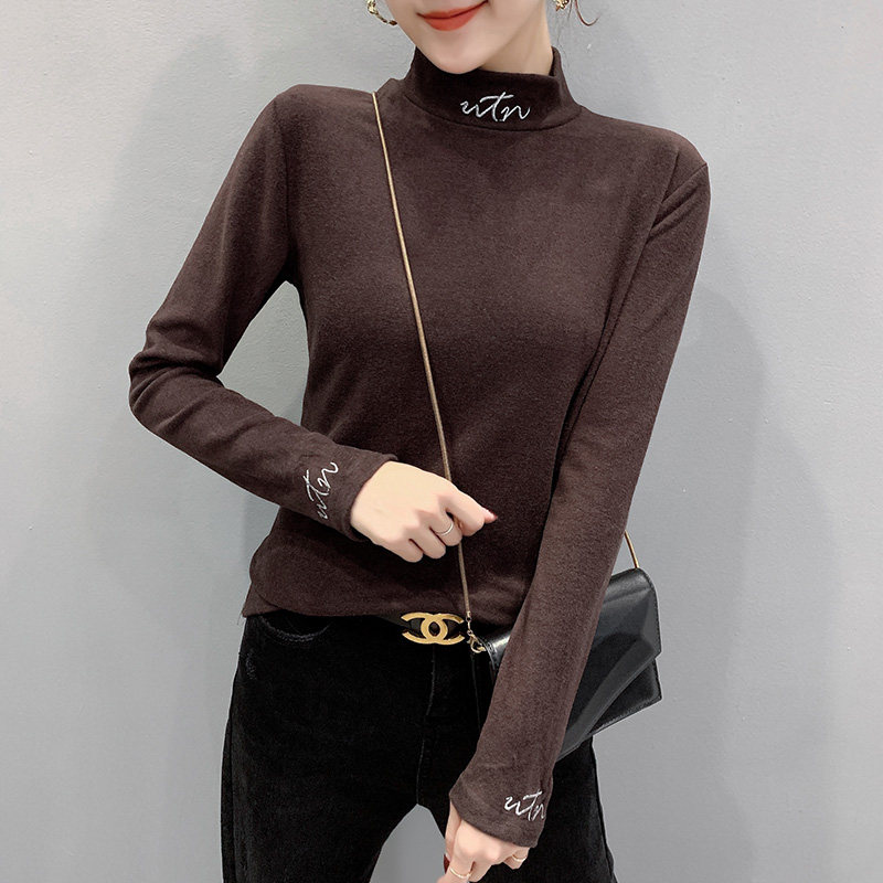Large size small shirt 2022 new autumn and winter half - high collar warm inside and fit tight tops and yang blouse