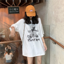 Large size Summer 2020 New loose Korean cartoon print short sleeve T-shirt female medium long foreign style top ins tide