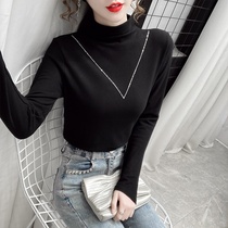 Long sleeve top female spring and autumn 2020 wild slim high collar black base shirt ins Super fire T-shirt fashionable foreign style