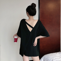 Large size Summer 2020 new net red backless short sleeve T-shirt female sexy personality loose long top tide tide