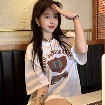 Large size Net red super fire Korean short sleeve T-shirt summer loose long base shirt hot diamond ins tide small shirt