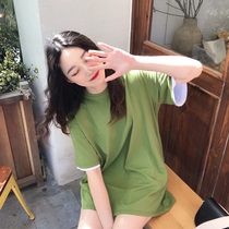 Short-sleeved T-shirt female loose Korean version 2021 summer new avocado green fake two solid color medium long body shirt tide